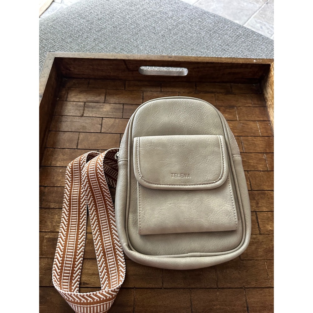 Telena Sling Bag Vegan Leather Taupe Grey Crossbody Chest Bag Woven Guitar Strap